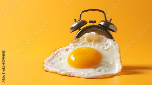 Fried egg sunny side on a vintage alarm clock on yellow background, surreal photo collage. Breakfast time concept.  photo