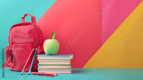 Wallpaper Mural Backpack and Books Ready for Back to School, Featuring Apple and Classroom Supplies on a Colorful Background Torontodigital.ca