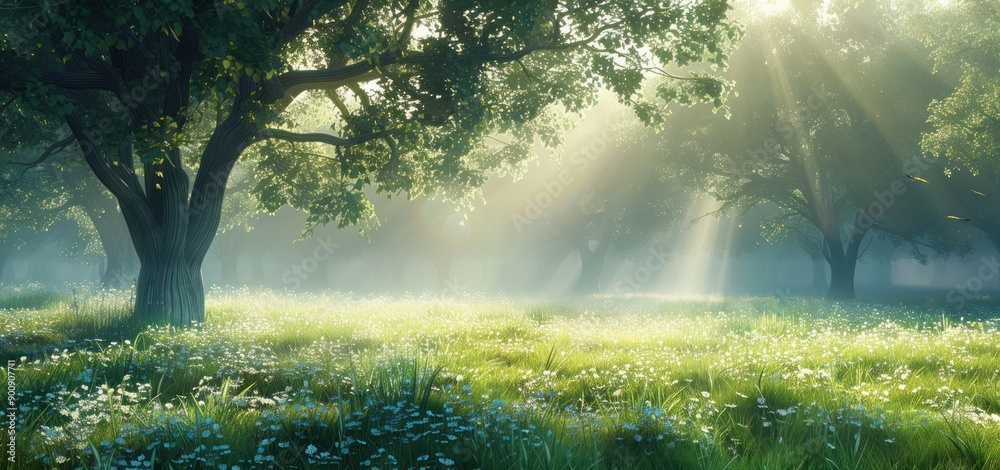 View of a meadow under a shady tree in a cool morning View of a meadow under a shady tree in a cool morning