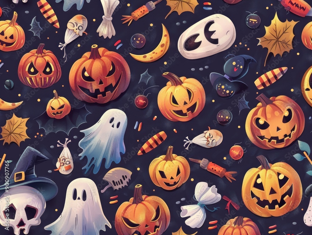 A collection of Halloween pumpkins with ghostly face designs, perfect for autumnal decorations or spooky events A collection of Halloween pumpkins with ghostly face designs, perfect for autumnal decorations or spooky events