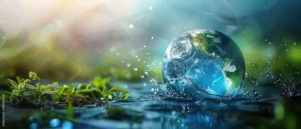Fototapeta premium Ball shaped earth and blue water , safe nature earth day concept