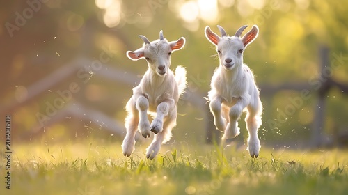 Two White Baby Goats Leaping in a Meadow