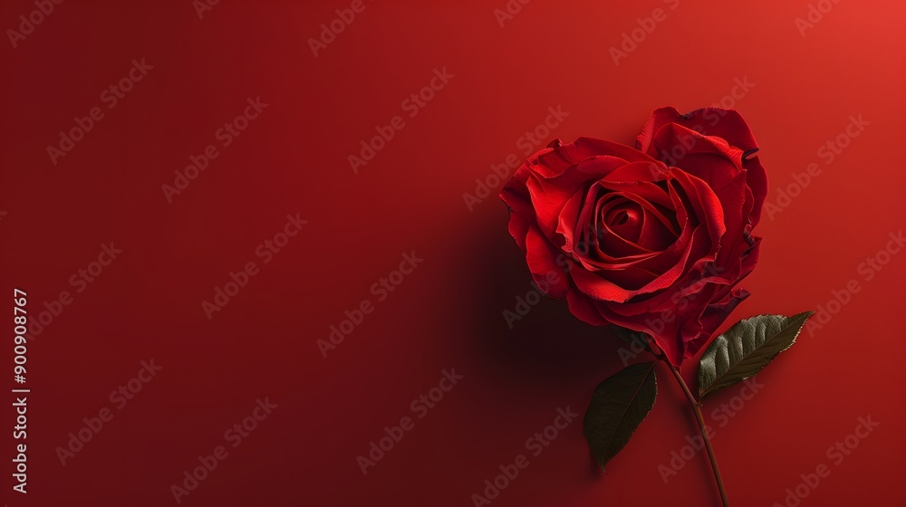 Red rose in the shape of a heart on panoramic red background, valentines day web banner. Red rose in the shape of a heart on panoramic red background, valentines day web banner.