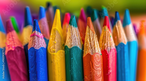 Colorful pencils in focus on a blurred background in a close-up shot