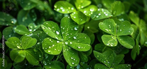 Wild green clovers plants wet with dew in the morning