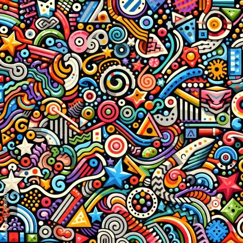 Background featuring an array of vibrant, squiggly lines, spirals, zigzags, and geometric shapes such as stars and squares in a variety of colors