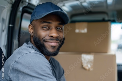 Handsome smiling black man in a blue cap and grey shirt sitting inside a delivery van with cardboard boxes, looking at the camera.