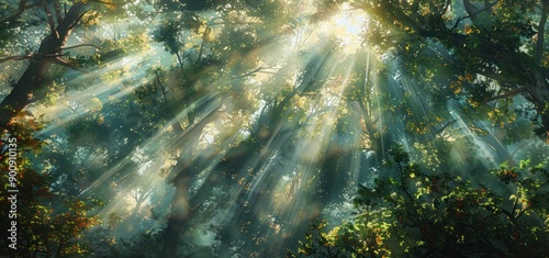 A ray of morning sunlight penetrates between the forest trees