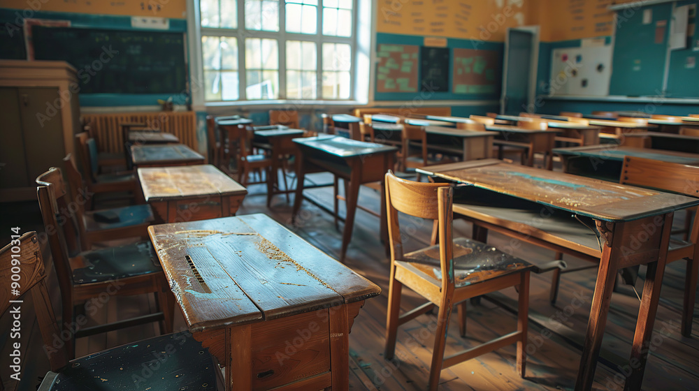 Blurred empty classroom in an elementary school or high school with desks and chairs Blurred empty classroom in an elementary school or high school with desks and chairs