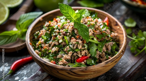 Flavorful and Authentic Thai Larb Minced Meat Salad with Fresh Herbs photo