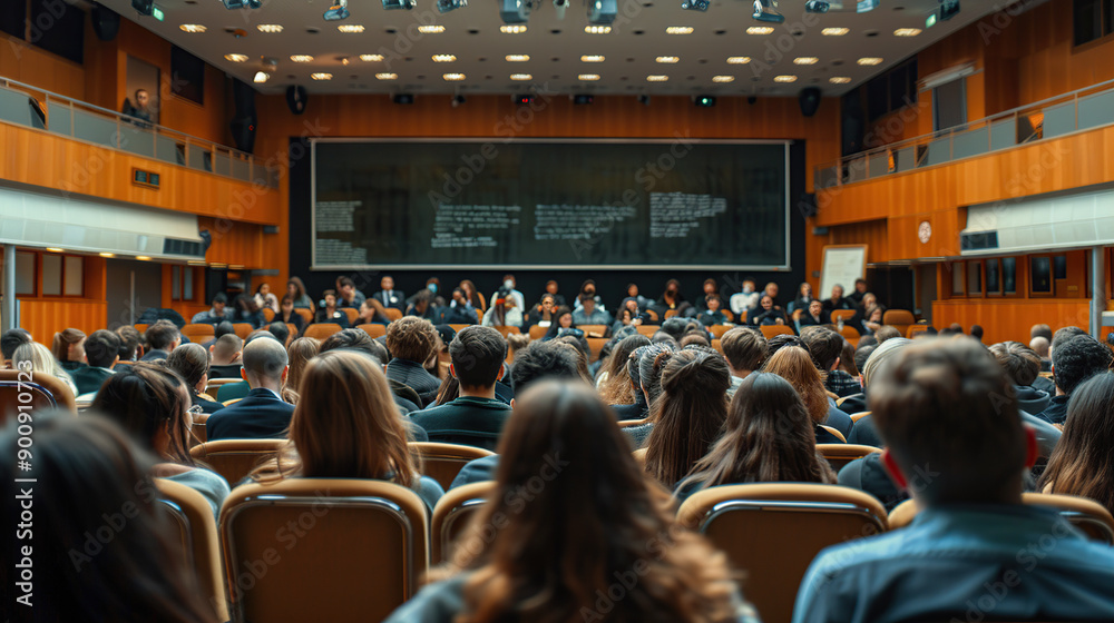 A large university lecture hall filled with students listening to the chalkboard presentation A large university lecture hall filled with students listening to the chalkboard presentation