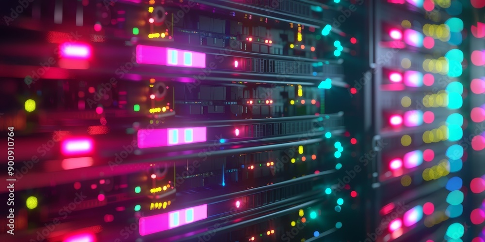 Close-up of a data storage server with blinking lights, illustrating data management and digital storage infrastructure Close-up of a data storage server with blinking lights, illustrating data management and digital storage infrastructure