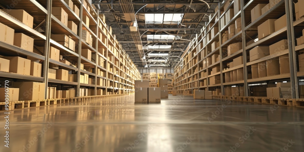 A warehouse interior filled with neatly stacked boxes and shelves, showcasing efficient storage solutions A warehouse interior filled with neatly stacked boxes and shelves, showcasing efficient storage solutions
