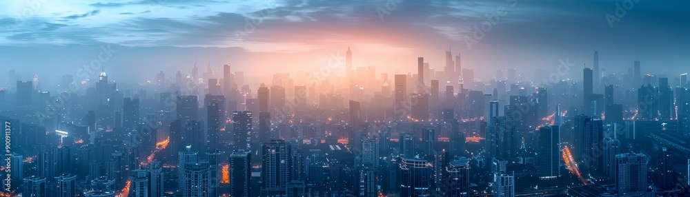 Fototapeta premium Foggy Sunrise Over Modern Cityscape