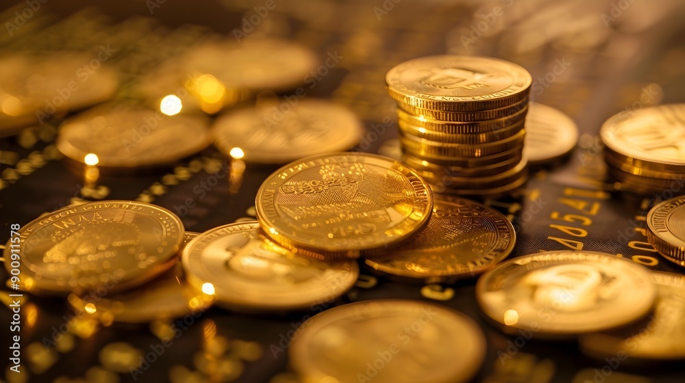 Gold Coins with Digital News Headlines about Economic Crises Emphasizing Gold s Relevance in Troubled Times Gold Coins with Digital News Headlines about Economic Crises Emphasizing Gold s Relevance in Troubled Times