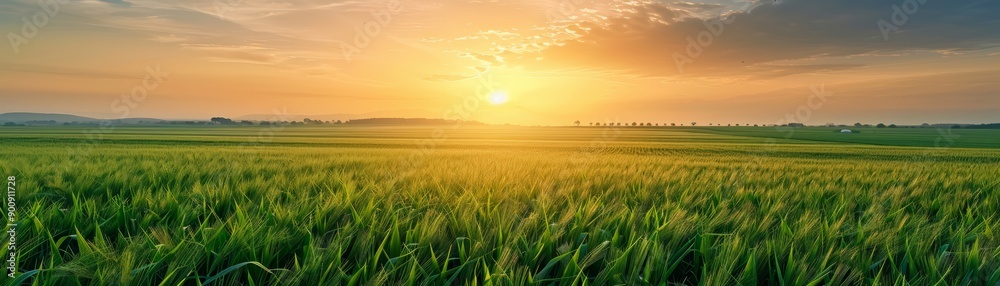Sunset Over Green Wheat Field in Countryside Sunset Over Green Wheat Field in Countryside
