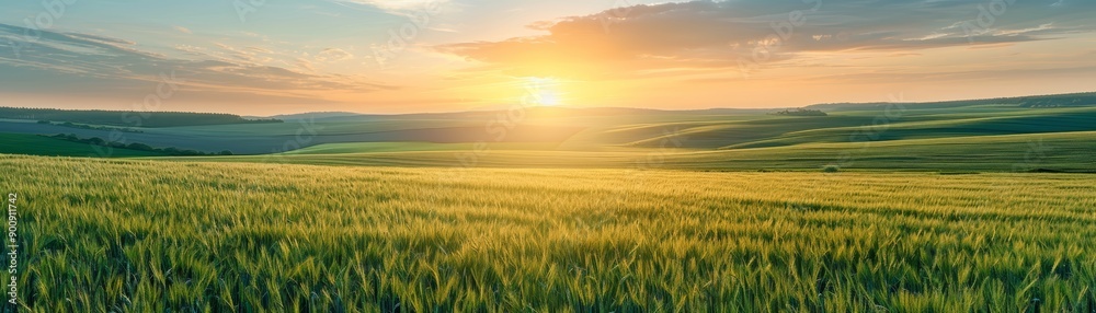 Golden Sunset Over Rolling Green Fields