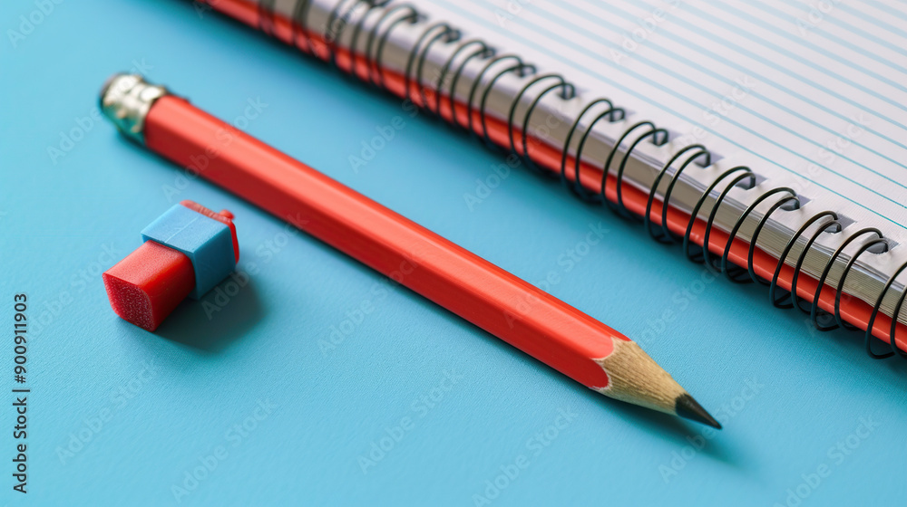 Photo of A red pencil and notebook on blue background