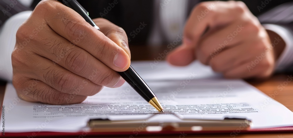 Close up view of businessman hand signing business agreement paper document. Close up view of businessman hand signing business agreement paper document.