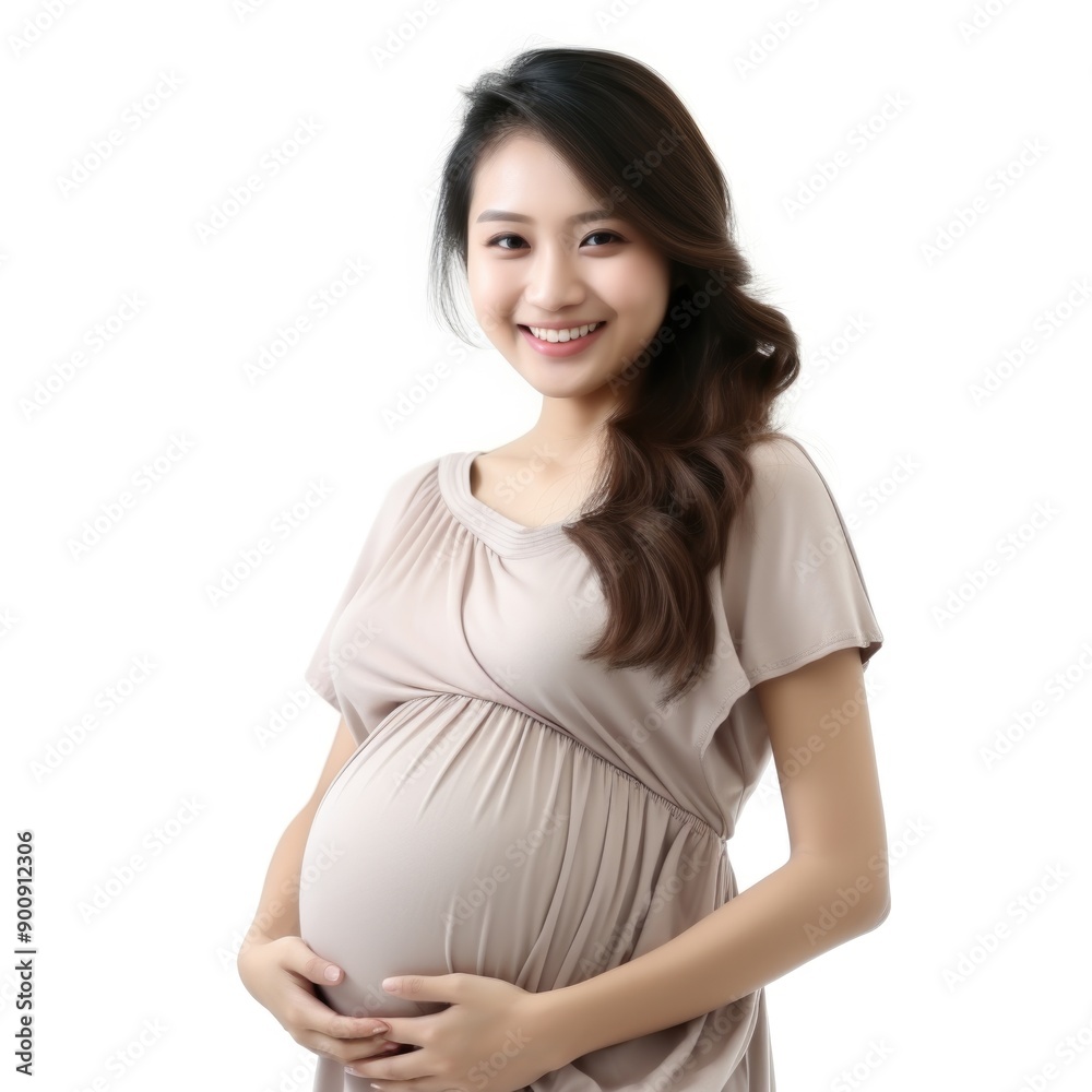 A pregnant woman is smiling and wearing a white shirt A pregnant woman is smiling and wearing a white shirt
