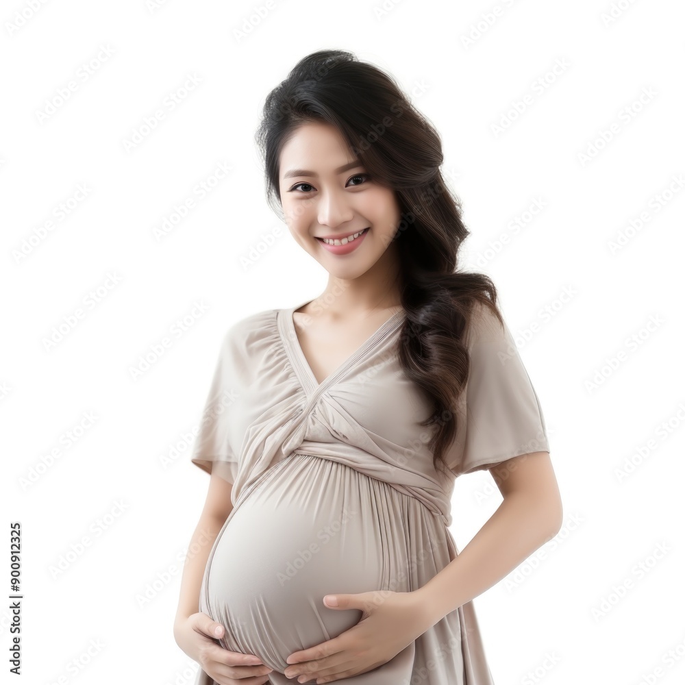 A pregnant woman is wearing a dress and smiling A pregnant woman is wearing a dress and smiling