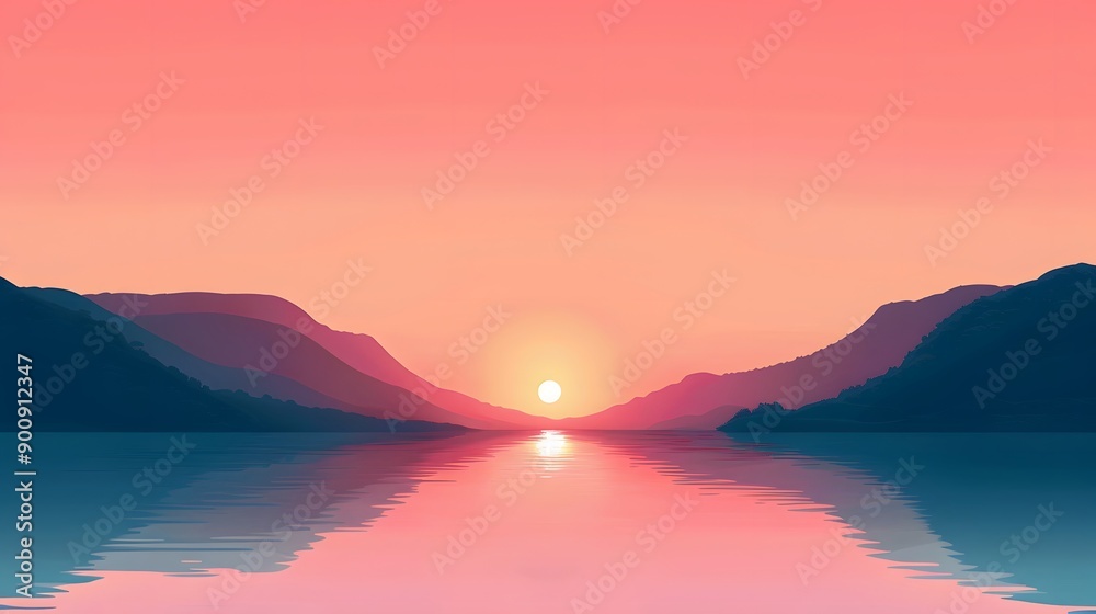 Sunset over calm water reflecting pink sky between mountains Sunset over calm water reflecting pink sky between mountains