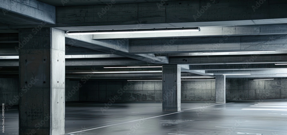 The basement room on the bottom floor of the building's parking lot is empty in an industrial cast concrete style. The basement room on the bottom floor of the building's parking lot is empty in an industrial cast concrete style.