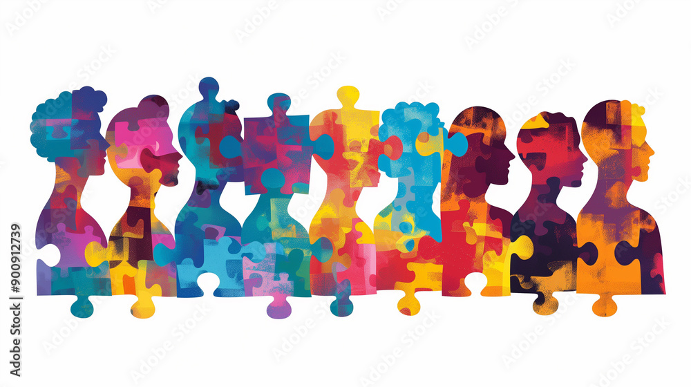 Fototapeta premium Silhouette of diverse people as colorful puzzle pieces