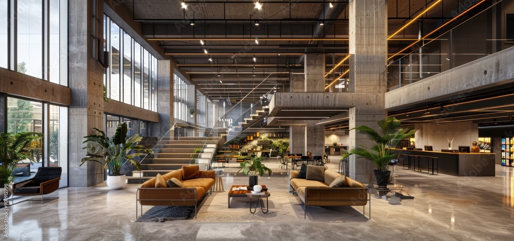 The interior of the house is in a modern industrial style, exposed cement cast with glass windows. The interior of the house is in a modern industrial style, exposed cement cast with glass windows.