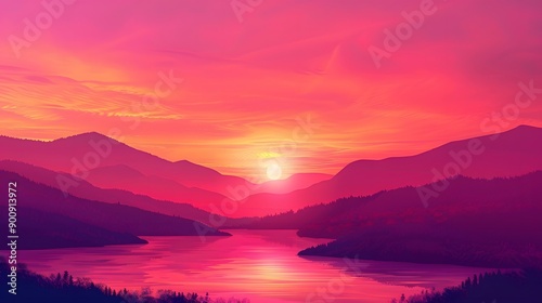 Sunset over a mountain lake with vibrant pink and orange sky