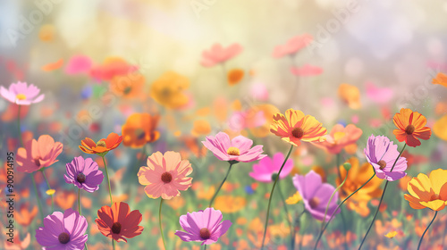 A Vibrant Field of Colorful Wildflowers Blooming Under Soft Sunlight in Spring