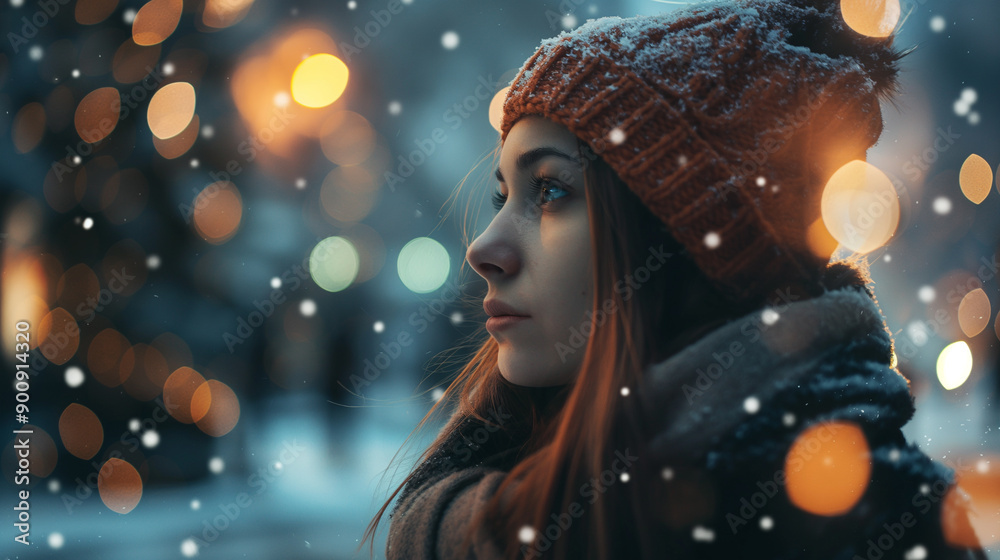 Young Woman Gazing Thoughtfully Amid Snowfall in City Street During Winter Evening Young Woman Gazing Thoughtfully Amid Snowfall in City Street During Winter Evening