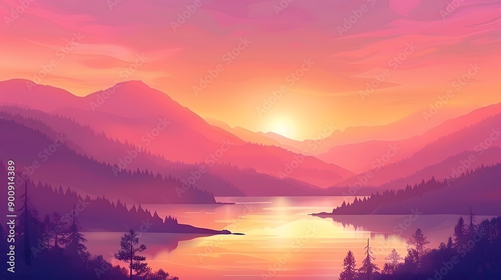 Sunset Over Mountain Range and Lake with Silhouette Trees Sunset Over Mountain Range and Lake with Silhouette Trees