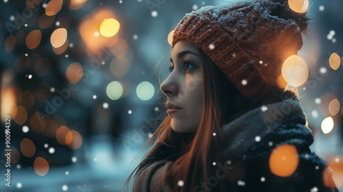 Young Woman Gazing Thoughtfully Amid Snowfall in City Street During Winter Evening