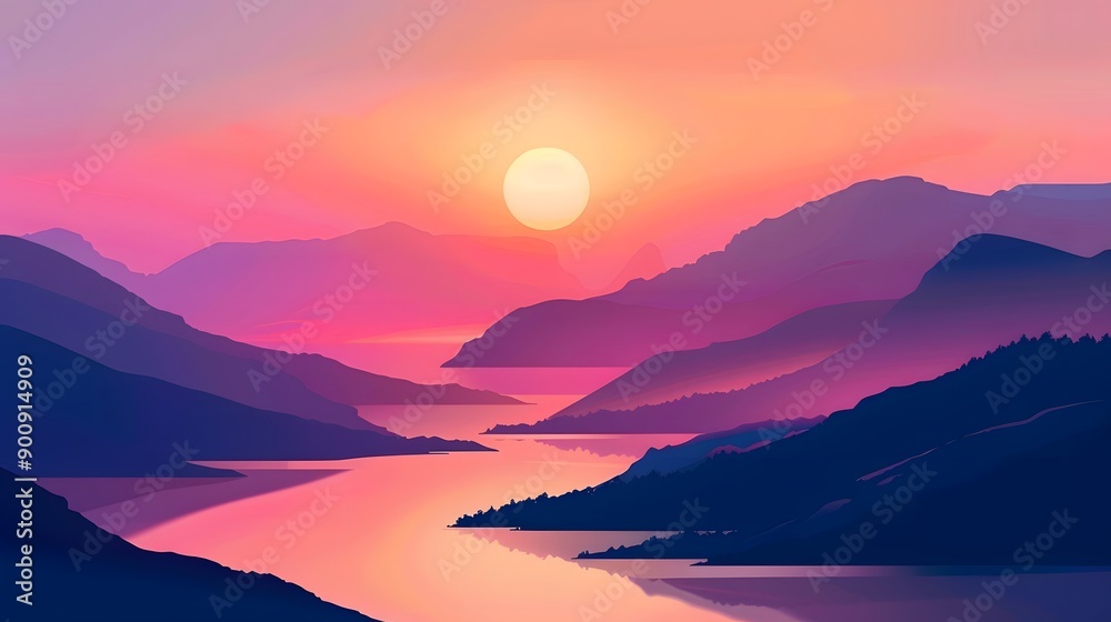 Sunset Over Silhouetted Mountains and a Serene Lake Sunset Over Silhouetted Mountains and a Serene Lake