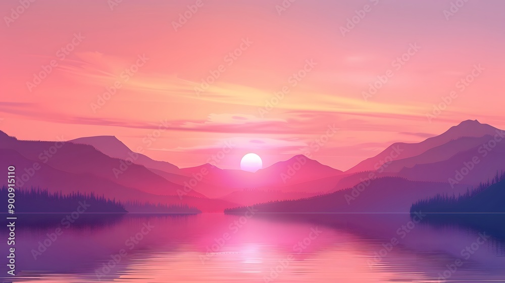 A Vibrant Sunset Over a Serene Lake and Mountain Range A Vibrant Sunset Over a Serene Lake and Mountain Range