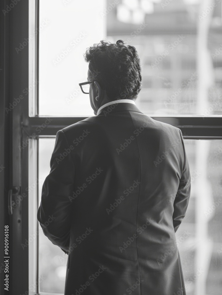 A man in a suit looks out a window, possibly contemplating his next move A man in a suit looks out a window, possibly contemplating his next move