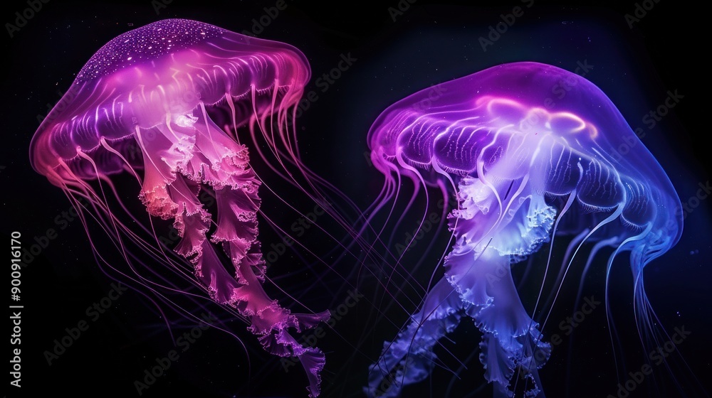 Two luminous jellyfish dancing in the dark Two luminous jellyfish dancing in the dark