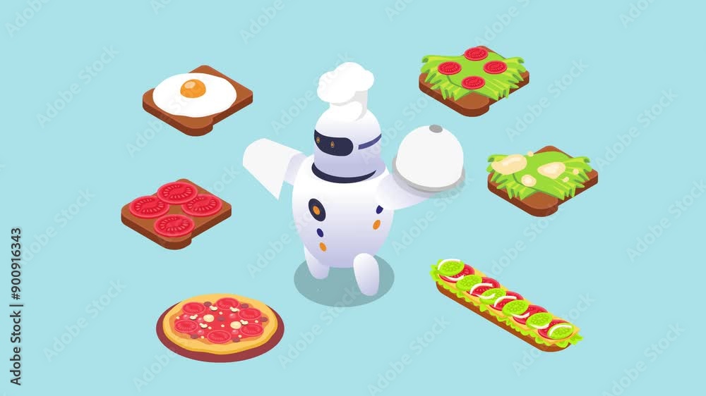 Robot chef preparing food vector illustration. Smart AI cook learning ...