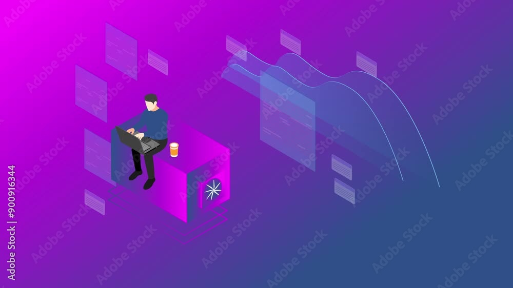 Businessman working on laptop exploring virtual reality - metaverse 3d animation cartoon Businessman working on laptop exploring virtual reality - metaverse 3d animation cartoon