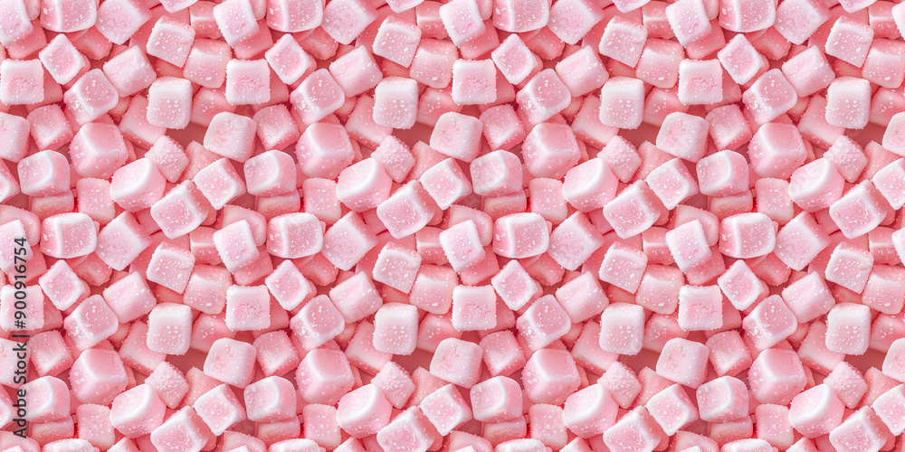 A cute and dreamy background of close-up of rounded cube shaped soft pastel pink marshmallows, each piece showcasing its fluffy and powderly texture and light sugar coating. A cute and dreamy background of close-up of rounded cube shaped soft pastel pink marshmallows, each piece showcasing its fluffy and powderly texture and light sugar coating.
