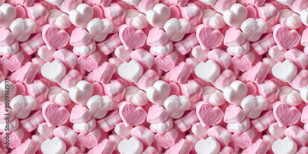 Fototapeta premium A cute and dreamy background of close-up of heart shaped pastel pink and white marshmallow, each piece showcasing its fluffy texture and light sugar dusting