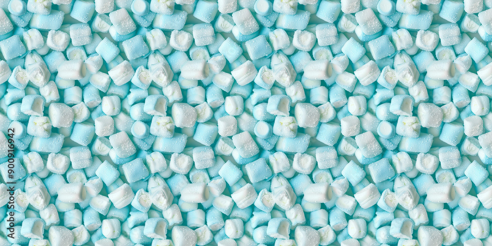 A cute and dreamy, aesthetically pleasing pattern background of close-up of soft shaped pastel blue marshmallow, each piece showcasing its fluffy texture and light sugar dusting. A cute and dreamy, aesthetically pleasing pattern background of close-up of soft shaped pastel blue marshmallow, each piece showcasing its fluffy texture and light sugar dusting.