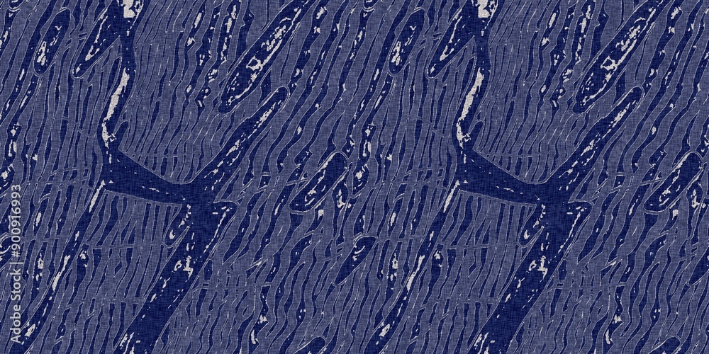 Fototapeta premium Denim blue dye effect seamless woven linen background, Distressed ink blotch mottled repeat pattern design for fashion border banner ribbon.