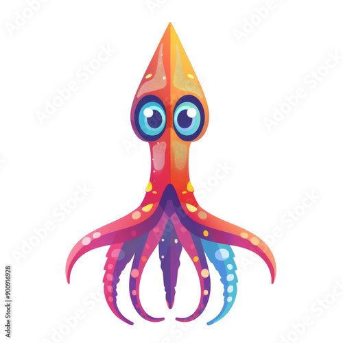 Colorful cartoon squid with big eyes isolated on black background.