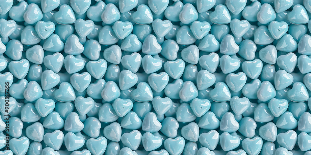 a cute and dreamy, soft and pastel hue, aesthetic pattern of close-up of heart shaped light blue chocolate covered sugar coating, each piece showcasing its smooth texture and glossy finish