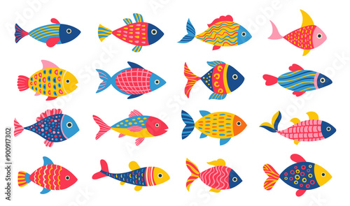 Sea fish abstract cartoon fantasy set. Stylized cute fish with hand drawn ornament. Childish exotic design abstract naive art. Tuna salmon or aquarium fishes. Flat design isolated vector illustration