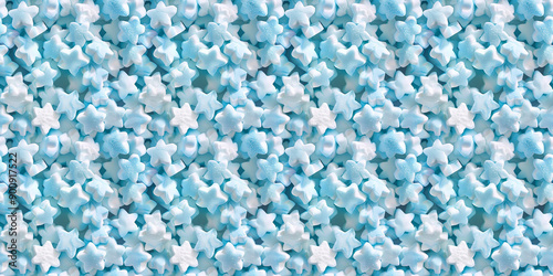 a cute and dreamy, soft and pastel hue, aesthetic texture background of close-up of star shaped pastel blue marshmallow, each piece showcasing its fluffy texture and light sugar dusting