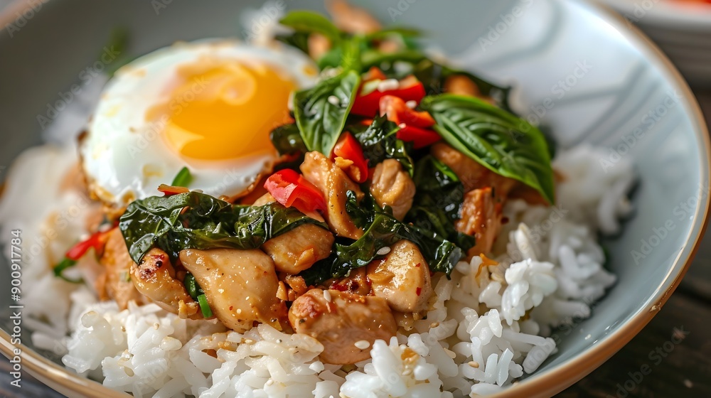 Spicy Thai Basil Chicken Dish Served Over Rice with Fried Egg Spicy Thai Basil Chicken Dish Served Over Rice with Fried Egg