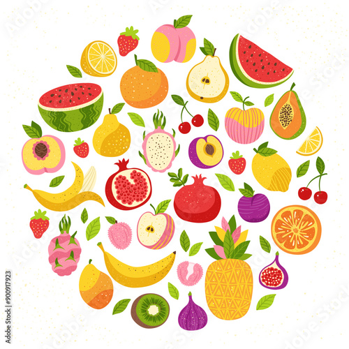 Fruits and berries hand drawn cartoon set. Drawn with texture sliced lemon orange apple pear watermelon peach papaya pineapple dragon fruits kiwi mango banana pomegranate strawberry plum cherry vector